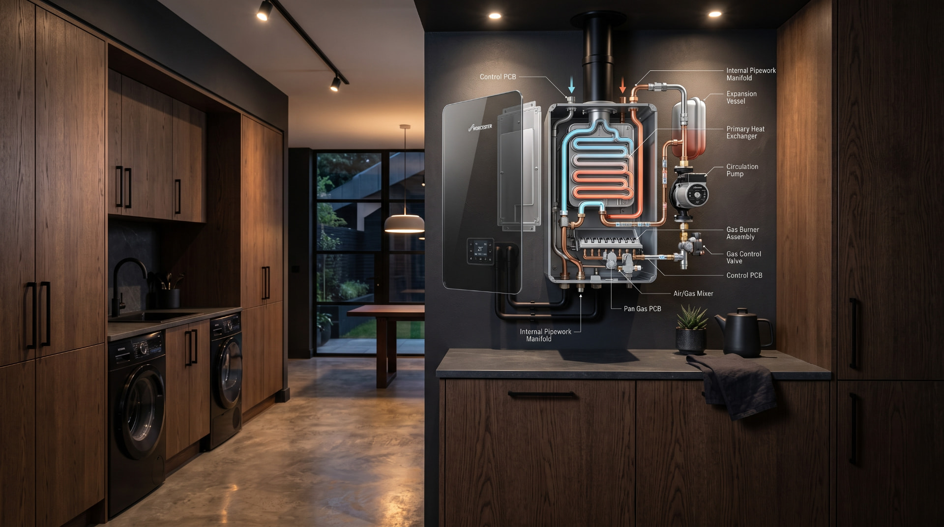 Exploded technical diagram of a condensing boiler showing heat exchanger, expansion vessel, pump and gas burner assembly