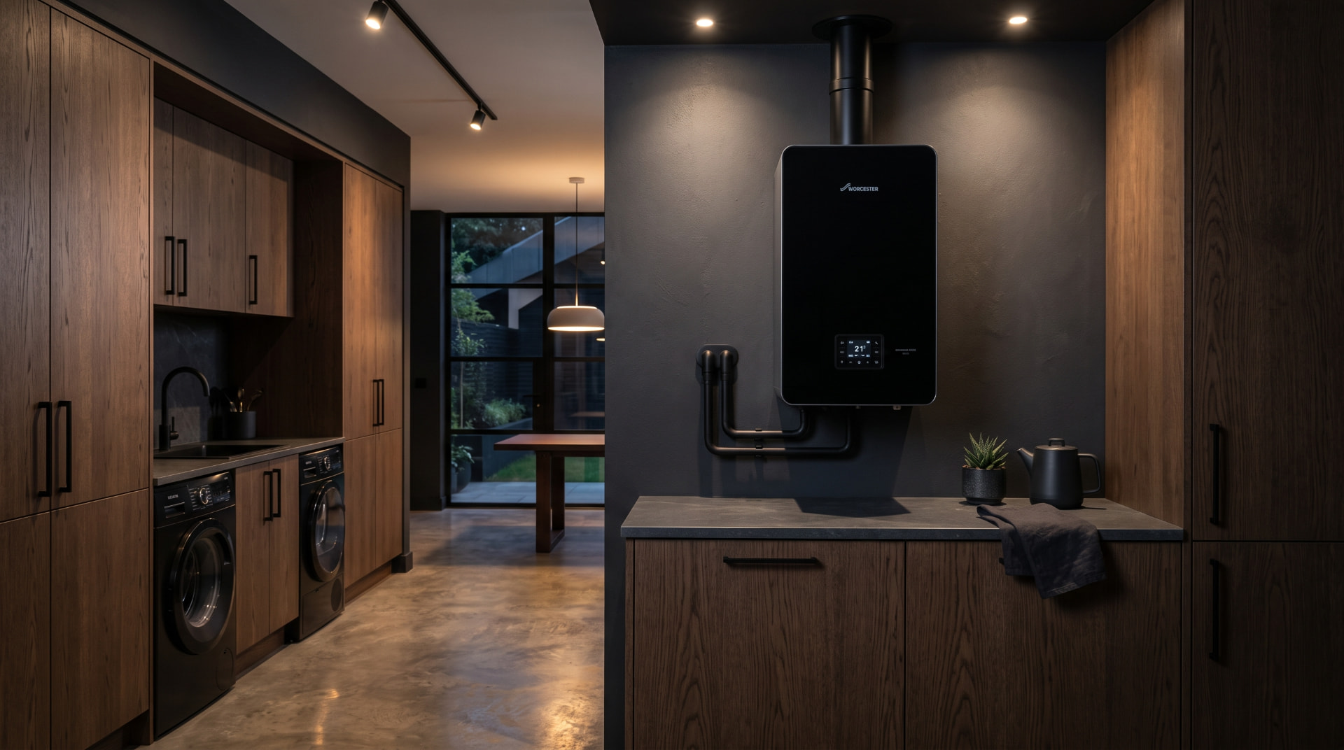 Wall-mounted condensing boiler installed in a modern Chesterfield utility room