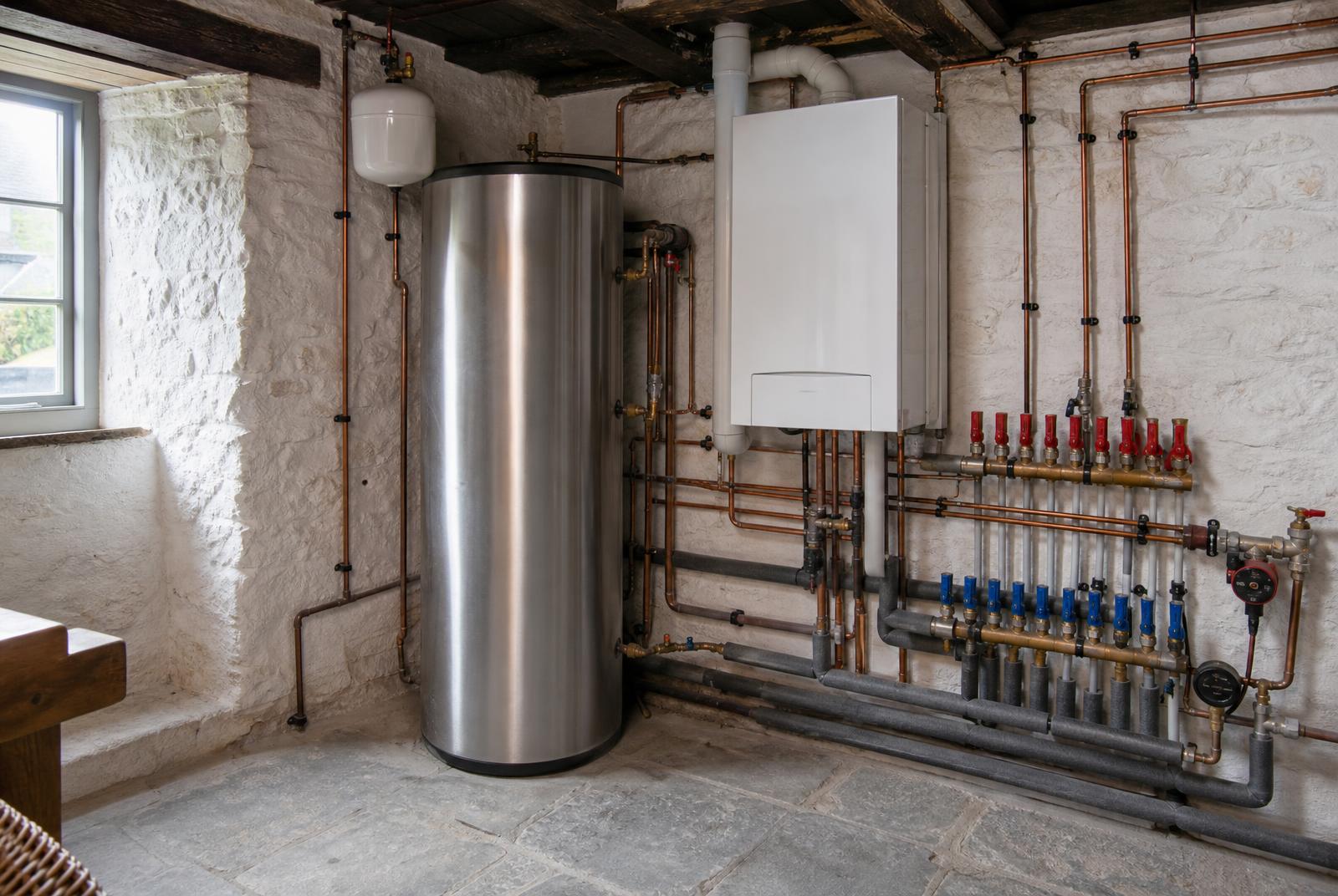 Stainless unvented cylinder and system boiler with copper zone manifolds in a stone farmhouse plant room