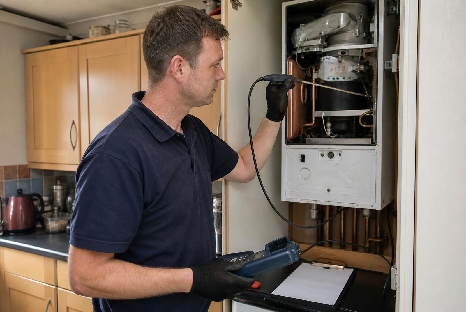 Gas engineer taking flue gas analyser readings from an open boiler during an annual service